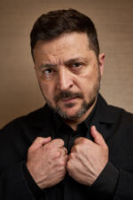Volodymyr Zelenskyy, President of Ukraine, being interviewed in London for the Guardian by Luke Harding and Pippa Crerar. Close-up portrait in a black suit against a neutral background, intense expression with hands raised to chest. London. Photograph by David Levene, 08 June 2026